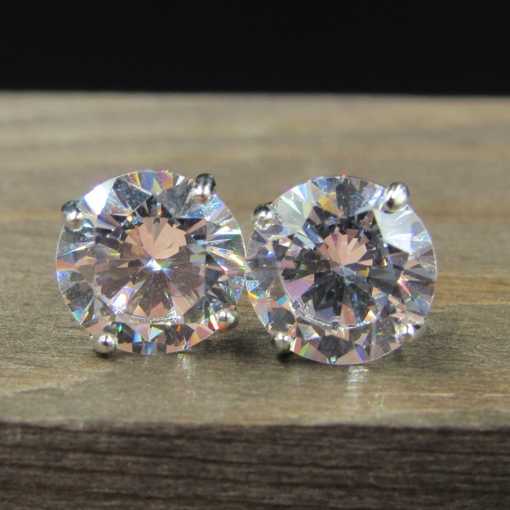 Sterling Silver Round Large Cubic Zirconia Stud Earrings Vintage